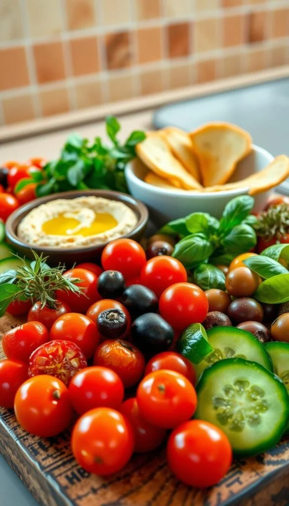 A vibrant Mediterranean spread with an array of tempting, easy-to-prepare snacks. In the foreground, a selection of fresh vegetables - plump cherry tomatoes, crisp cucumber slices, and tangy olives - artfully arranged on a rustic wooden board. In the middle ground, a small bowl of creamy hummus and pita bread wedges, the perfect accompaniment. Herbs like fragrant oregano and basil add pops of green, while a drizzle of rich olive oil glistens in the warm, natural lighting. The background features a simple, minimalist kitchen counter, with a hint of terracotta tile or stone to evoke the Mediterranean aesthetic. The overall mood is one of simplicity, freshness, and the effortless pleasure of healthy, flavorful snacking. A vibrant Mediterranean spread with an array of tempting, easy-to-prepare snacks. In the foreground, a selection of fresh vegetables - plump cherry tomatoes, crisp cucumber slices, and tangy olives - artfully arranged on a rustic wooden board. In the middle ground, a small bowl of creamy hummus and pita bread wedges, the perfect accompaniment. Herbs like fragrant oregano and basil add pops of green, while a drizzle of rich olive oil glistens in the warm, natural lighting. The background features a simple, minimalist kitchen counter, with a hint of terracotta tile or stone to evoke the Mediterranean aesthetic. The overall mood is one of simplicity, freshness, and the effortless pleasure of healthy, flavorful snacking.