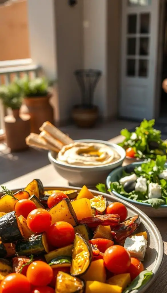 A vibrant Mediterranean vegetarian meal, bathed in warm, natural light. In the foreground, a platter overflows with a colorful array of roasted vegetables - zucchini, bell peppers, eggplant, and cherry tomatoes, drizzled with fragrant olive oil. In the middle ground, a bowl of creamy hummus is accompanied by freshly baked pita bread, while a side salad of crisp greens, olives, and feta cheese adds a refreshing touch. The background features a minimalist, rustic setting, perhaps a sun-drenched terrace or a cozy kitchen, with hints of earthy tones and simple, elegant decor. The overall atmosphere exudes a sense of wholesome, Mediterranean-inspired health and wellness. A vibrant Mediterranean vegetarian meal, bathed in warm, natural light. In the foreground, a platter overflows with a colorful array of roasted vegetables - zucchini, bell peppers, eggplant, and cherry tomatoes, drizzled with fragrant olive oil. In the middle ground, a bowl of creamy hummus is accompanied by freshly baked pita bread, while a side salad of crisp greens, olives, and feta cheese adds a refreshing touch. The background features a minimalist, rustic setting, perhaps a sun-drenched terrace or a cozy kitchen, with hints of earthy tones and simple, elegant decor. The overall atmosphere exudes a sense of wholesome, Mediterranean-inspired health and wellness.