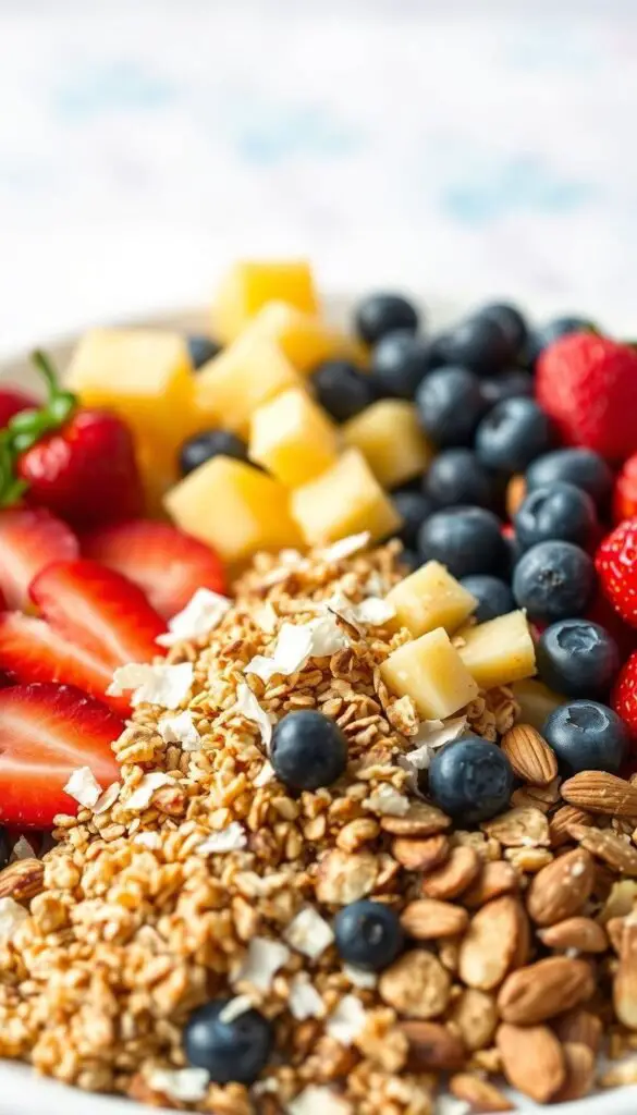 A vibrant and appetizing arrangement of the best fruit salad toppings, captured in soft, natural lighting. In the foreground, an artful display of colorful sliced strawberries, juicy pineapple chunks, and plump blueberries. In the middle ground, a scattering of toasted coconut flakes, crunchy granola, and chopped toasted almonds. In the background, a subtle gradient of pastel colors, evoking a serene, summery atmosphere. The composition is balanced and visually appealing, showcasing the textures and flavors that can elevate a simple fruit salad into a delightful, refreshing treat. A vibrant and appetizing arrangement of the best fruit salad toppings, captured in soft, natural lighting. In the foreground, an artful display of colorful sliced strawberries, juicy pineapple chunks, and plump blueberries. In the middle ground, a scattering of toasted coconut flakes, crunchy granola, and chopped toasted almonds. In the background, a subtle gradient of pastel colors, evoking a serene, summery atmosphere. The composition is balanced and visually appealing, showcasing the textures and flavors that can elevate a simple fruit salad into a delightful, refreshing treat.