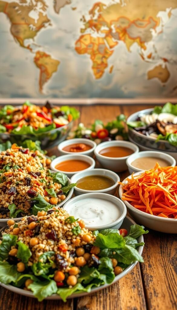 A vibrant and diverse selection of global dinner salads, arranged artfully on a rustic wooden table. In the foreground, a colorful mix of leafy greens, crisp vegetables, and bold toppings, including quinoa, chickpeas, roasted beets, and shredded carrots. In the middle ground, a variety of salad dressings in small ceramic bowls, ranging from a tangy balsamic vinaigrette to a creamy, herb-infused ranch. The background features a softly blurred world map, hinting at the international inspirations behind these flavorful salad creations. Warm, natural lighting casts a golden glow over the scene, evoking a cozy, inviting atmosphere. A vibrant and diverse selection of global dinner salads, arranged artfully on a rustic wooden table. In the foreground, a colorful mix of leafy greens, crisp vegetables, and bold toppings, including quinoa, chickpeas, roasted beets, and shredded carrots. In the middle ground, a variety of salad dressings in small ceramic bowls, ranging from a tangy balsamic vinaigrette to a creamy, herb-infused ranch. The background features a softly blurred world map, hinting at the international inspirations behind these flavorful salad creations. Warm, natural lighting casts a golden glow over the scene, evoking a cozy, inviting atmosphere.