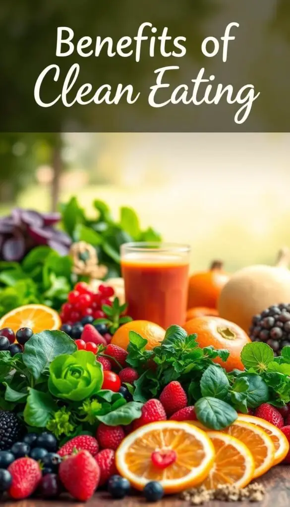 A vibrant and energetic scene showcasing the benefits of clean eating. In the foreground, an assortment of fresh, colorful produce such as leafy greens, berries, and citrus fruits, all arranged in a visually appealing manner. In the middle ground, a glass of freshly squeezed juice or a smoothie, radiating with vitality. The background features a serene, natural setting, perhaps with a hint of sunlight filtering through, creating a warm, welcoming atmosphere. The overall composition conveys a sense of wholesome nourishment, improved digestion, enhanced immunity, and increased energy, reflecting the key benefits of a clean eating lifestyle. A vibrant and energetic scene showcasing the benefits of clean eating. In the foreground, an assortment of fresh, colorful produce such as leafy greens, berries, and citrus fruits, all arranged in a visually appealing manner. In the middle ground, a glass of freshly squeezed juice or a smoothie, radiating with vitality. The background features a serene, natural setting, perhaps with a hint of sunlight filtering through, creating a warm, welcoming atmosphere. The overall composition conveys a sense of wholesome nourishment, improved digestion, enhanced immunity, and increased energy, reflecting the key benefits of a clean eating lifestyle.