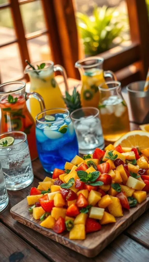 A vibrant and visually appealing fruit salad spread, artfully arranged on a wooden table, accompanied by a selection of refreshing beverages. The salad features a vibrant array of sliced tropical fruits, such as pineapple, mango, and kiwi, delicately layered and garnished with fresh mint leaves. Nearby, a variety of chilled glass pitchers filled with iced lemonade, iced tea, and sparkling water add a refreshing contrast to the sweetness of the fruit. The scene is bathed in warm, natural lighting, casting a gentle glow and creating a welcoming, summer-inspired atmosphere perfect for a lively party setting. A vibrant and visually appealing fruit salad spread, artfully arranged on a wooden table, accompanied by a selection of refreshing beverages. The salad features a vibrant array of sliced tropical fruits, such as pineapple, mango, and kiwi, delicately layered and garnished with fresh mint leaves. Nearby, a variety of chilled glass pitchers filled with iced lemonade, iced tea, and sparkling water add a refreshing contrast to the sweetness of the fruit. The scene is bathed in warm, natural lighting, casting a gentle glow and creating a welcoming, summer-inspired atmosphere perfect for a lively party setting.
