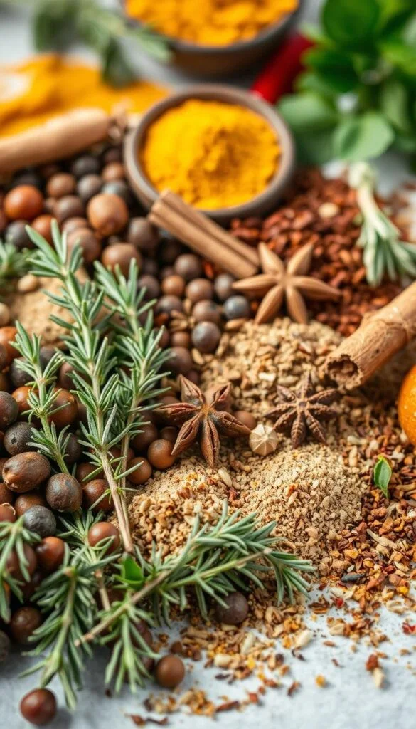 A vibrant arrangement of fresh Mediterranean herbs and aromatic spices, captured in soft, diffused lighting. In the foreground, sprigs of fragrant rosemary, thyme, and oregano mingle with whole peppercorns, star anise, and fennel seeds. The middle ground features ground cumin, cinnamon sticks, and a scattering of dried chili flakes, while the background showcases a subtle backdrop of earthy turmeric and paprika. The composition evokes the warmth and complexity of flavors integral to a nourishing Mediterranean breakfast. A vibrant arrangement of fresh Mediterranean herbs and aromatic spices, captured in soft, diffused lighting. In the foreground, sprigs of fragrant rosemary, thyme, and oregano mingle with whole peppercorns, star anise, and fennel seeds. The middle ground features ground cumin, cinnamon sticks, and a scattering of dried chili flakes, while the background showcases a subtle backdrop of earthy turmeric and paprika. The composition evokes the warmth and complexity of flavors integral to a nourishing Mediterranean breakfast.