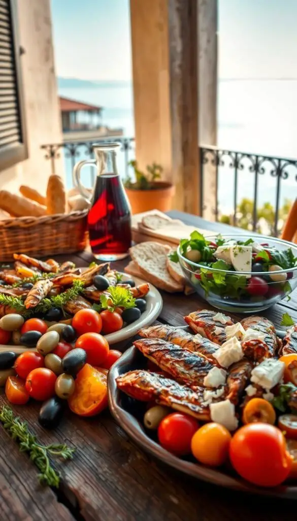 A vibrant array of Mediterranean cuisine laid out on a rustic wooden table, with a warm, golden light filtering through the scene. In the foreground, an assortment of fresh vegetables, including tomatoes, olives, and bell peppers, are arranged alongside a platter of grilled seafood and a basket of warm, crusty bread. In the middle ground, a pitcher of ruby-red wine and a salad bowl filled with leafy greens, feta, and a drizzle of olive oil. In the background, a glimpse of a sun-drenched terrace or balcony, with the distant outline of a Mediterranean coastline visible on the horizon. The overall atmosphere is one of warmth, simplicity, and the celebration of fresh, high-quality ingredients. A vibrant array of Mediterranean cuisine laid out on a rustic wooden table, with a warm, golden light filtering through the scene. In the foreground, an assortment of fresh vegetables, including tomatoes, olives, and bell peppers, are arranged alongside a platter of grilled seafood and a basket of warm, crusty bread. In the middle ground, a pitcher of ruby-red wine and a salad bowl filled with leafy greens, feta, and a drizzle of olive oil. In the background, a glimpse of a sun-drenched terrace or balcony, with the distant outline of a Mediterranean coastline visible on the horizon. The overall atmosphere is one of warmth, simplicity, and the celebration of fresh, high-quality ingredients.