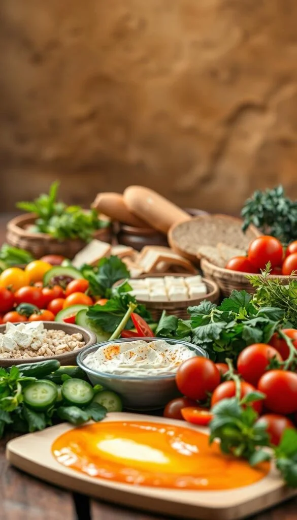 A vibrant array of Mediterranean diet recipes, artfully arranged on a rustic wooden table. In the foreground, a variety of fresh, colorful vegetables, including juicy tomatoes, crisp cucumbers, and fragrant herbs. In the middle ground, a selection of whole-grain breads, creamy hummus, and tangy feta cheese. In the background, a backdrop of earthy tones, with a soft, warm lighting illuminating the scene, evoking the relaxed, sun-drenched atmosphere of the Mediterranean region. The composition exudes a sense of balance, health, and the joy of sharing a delicious, nourishing meal. A vibrant array of Mediterranean diet recipes, artfully arranged on a rustic wooden table. In the foreground, a variety of fresh, colorful vegetables, including juicy tomatoes, crisp cucumbers, and fragrant herbs. In the middle ground, a selection of whole-grain breads, creamy hummus, and tangy feta cheese. In the background, a backdrop of earthy tones, with a soft, warm lighting illuminating the scene, evoking the relaxed, sun-drenched atmosphere of the Mediterranean region. The composition exudes a sense of balance, health, and the joy of sharing a delicious, nourishing meal.