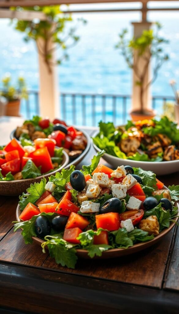 A vibrant array of Mediterranean salads arranged on a rustic wooden table, bathed in soft, natural light. In the foreground, a mix of fresh greens, juicy tomatoes, creamy feta, and briny olives, drizzled with a tantalizing vinaigrette. The middle ground features a variety of colorful vegetables, such as roasted red peppers, grilled zucchini, and artichoke hearts, complementing the salad. In the background, a glimpse of a sun-drenched terrace with a distant view of the sparkling azure sea, capturing the essence of the Mediterranean. The overall composition evokes a sense of freshness, simplicity, and the inviting flavors of the region. A vibrant array of Mediterranean salads arranged on a rustic wooden table, bathed in soft, natural light. In the foreground, a mix of fresh greens, juicy tomatoes, creamy feta, and briny olives, drizzled with a tantalizing vinaigrette. The middle ground features a variety of colorful vegetables, such as roasted red peppers, grilled zucchini, and artichoke hearts, complementing the salad. In the background, a glimpse of a sun-drenched terrace with a distant view of the sparkling azure sea, capturing the essence of the Mediterranean. The overall composition evokes a sense of freshness, simplicity, and the inviting flavors of the region.