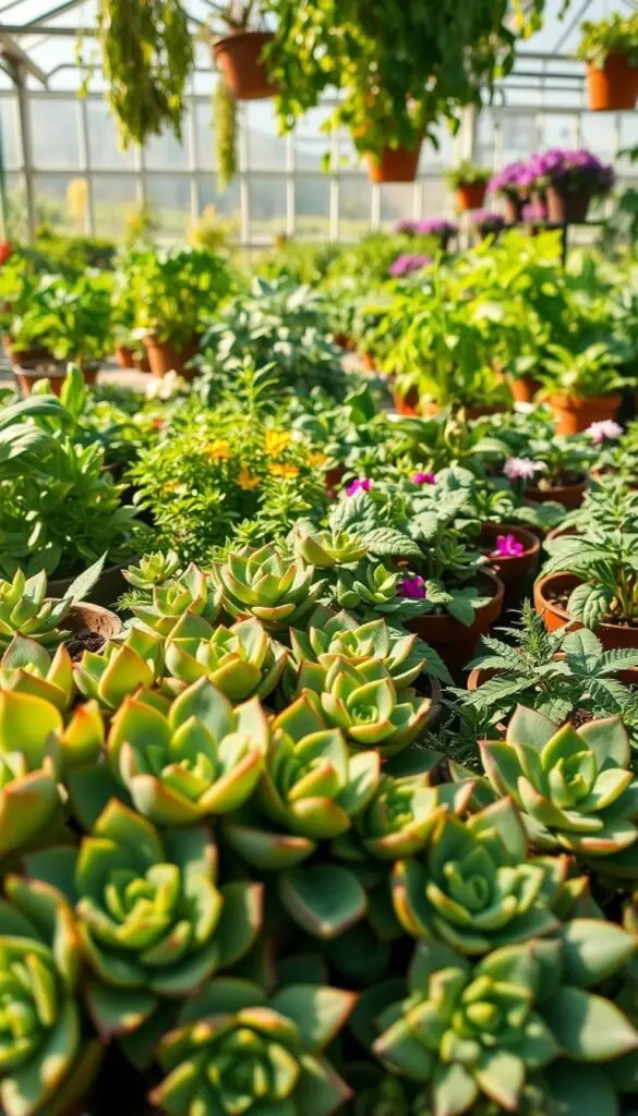 A vibrant array of thriving plants, each a potential gem for the budding gardener's collection. In the foreground, a lush cluster of hearty succulents - their fleshy leaves catching the soft, warm light. Surrounding them, a mix of leafy greens and cheerful flowering plants, each carefully selected for their resilience and ease of care. In the middle ground, a variety of potted herbs, their verdant foliage promising flavorful harvests. The background fades into a tranquil, sun-dappled greenhouse setting, hinting at the endless possibilities for the beginner's green-thumb journey. Crisp, high-resolution photography captures every delicate detail, inviting the viewer to envision themselves tending to this bountiful, yet approachable, selection of starter plants. A vibrant array of thriving plants, each a potential gem for the budding gardener's collection. In the foreground, a lush cluster of hearty succulents - their fleshy leaves catching the soft, warm light. Surrounding them, a mix of leafy greens and cheerful flowering plants, each carefully selected for their resilience and ease of care. In the middle ground, a variety of potted herbs, their verdant foliage promising flavorful harvests. The background fades into a tranquil, sun-dappled greenhouse setting, hinting at the endless possibilities for the beginner's green-thumb journey. Crisp, high-resolution photography captures every delicate detail, inviting the viewer to envision themselves tending to this bountiful, yet approachable, selection of starter plants.
