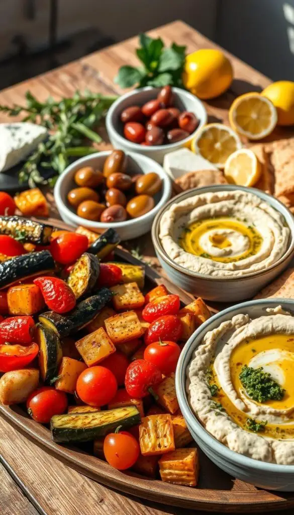 A vibrant assortment of Mediterranean side dishes, bathed in warm sunlight and arranged artfully on a rustic wooden table. In the foreground, an array of colorful roasted vegetables - zucchini, eggplant, red peppers, and cherry tomatoes - drizzled with olive oil and sprinkled with fragrant herbs. In the middle ground, a bowl of creamy hummus, dotted with a swirl of vibrant green pesto, accompanied by crisp pita wedges. In the background, a selection of marinated olives, a wedge of tangy feta cheese, and a cluster of fresh lemon slices, adding pops of color and a touch of brightness. The scene is infused with the aroma of garlic, oregano, and the essence of the Mediterranean, evoking a sense of warmth and convivial dining. A vibrant assortment of Mediterranean side dishes, bathed in warm sunlight and arranged artfully on a rustic wooden table. In the foreground, an array of colorful roasted vegetables - zucchini, eggplant, red peppers, and cherry tomatoes - drizzled with olive oil and sprinkled with fragrant herbs. In the middle ground, a bowl of creamy hummus, dotted with a swirl of vibrant green pesto, accompanied by crisp pita wedges. In the background, a selection of marinated olives, a wedge of tangy feta cheese, and a cluster of fresh lemon slices, adding pops of color and a touch of brightness. The scene is infused with the aroma of garlic, oregano, and the essence of the Mediterranean, evoking a sense of warmth and convivial dining.