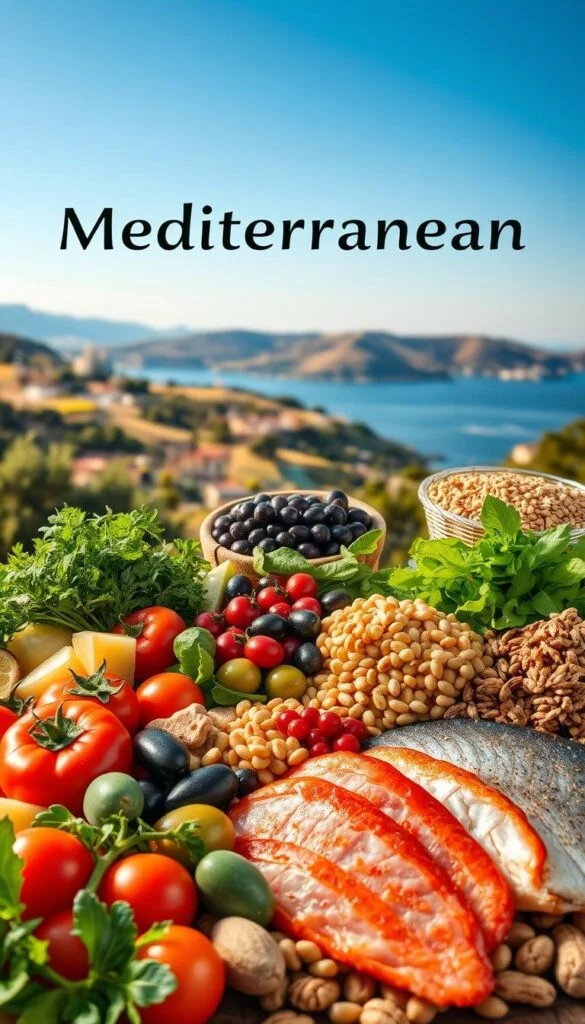 A vibrant, high-resolution image showcasing the key elements of the Mediterranean diet. In the foreground, an assortment of fresh, colorful Mediterranean foods - juicy tomatoes, crisp greens, earthy olives, and flaky fish. The middle ground features a variety of whole grains, legumes, and nuts, artfully arranged. In the background, a scenic Mediterranean landscape with rolling hills, azure waters, and a warm, golden light illuminating the scene. The image conveys the healthy, balanced, and delicious nature of the Mediterranean diet, inviting the viewer to explore its benefits and embrace its flavors. A vibrant, high-resolution image showcasing the key elements of the Mediterranean diet. In the foreground, an assortment of fresh, colorful Mediterranean foods - juicy tomatoes, crisp greens, earthy olives, and flaky fish. The middle ground features a variety of whole grains, legumes, and nuts, artfully arranged. In the background, a scenic Mediterranean landscape with rolling hills, azure waters, and a warm, golden light illuminating the scene. The image conveys the healthy, balanced, and delicious nature of the Mediterranean diet, inviting the viewer to explore its benefits and embrace its flavors.