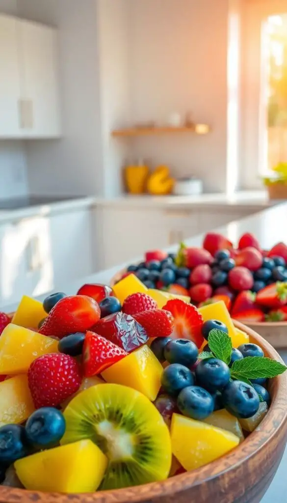 A vibrant, mouthwatering display of fresh, juicy fruit salad. In the foreground, a large wooden bowl overflows with an assortment of sliced tropical fruits - pineapple, mango, kiwi, and berries, glistening with a light glaze. The middle ground features an artful arrangement of ruby-red strawberries, plump blueberries, and halved grapes, arranged in a visually appealing pattern. In the background, a clean, minimalist kitchen counter provides a crisp, white backdrop, allowing the colors of the fruit to pop. Natural lighting from a large window casts a warm, golden glow over the scene, highlighting the inviting textures and vibrant hues. The overall mood is one of freshness, health, and vibrant, wholesome enjoyment. A vibrant, mouthwatering display of fresh, juicy fruit salad. In the foreground, a large wooden bowl overflows with an assortment of sliced tropical fruits - pineapple, mango, kiwi, and berries, glistening with a light glaze. The middle ground features an artful arrangement of ruby-red strawberries, plump blueberries, and halved grapes, arranged in a visually appealing pattern. In the background, a clean, minimalist kitchen counter provides a crisp, white backdrop, allowing the colors of the fruit to pop. Natural lighting from a large window casts a warm, golden glow over the scene, highlighting the inviting textures and vibrant hues. The overall mood is one of freshness, health, and vibrant, wholesome enjoyment.