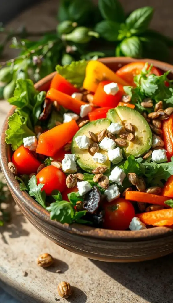 A vibrant seasonal salad arranged in a rustic ceramic bowl, capturing the bounty of fresh produce. In the foreground, a mix of crisp greens, juicy tomatoes, crunchy carrots, and vibrant bell peppers, artfully scattered. In the middle, slices of ripe avocado, tangy feta crumbles, and toasted pumpkin seeds add texture and depth. The background showcases a few sprigs of fragrant herbs, like basil and thyme, adding a natural, earthy element. Soft, diffused natural lighting casts warm shadows, highlighting the colors and creating an inviting, appetizing atmosphere. The overall composition conveys the beauty and versatility of seasonal salad ingredients. A vibrant seasonal salad arranged in a rustic ceramic bowl, capturing the bounty of fresh produce. In the foreground, a mix of crisp greens, juicy tomatoes, crunchy carrots, and vibrant bell peppers, artfully scattered. In the middle, slices of ripe avocado, tangy feta crumbles, and toasted pumpkin seeds add texture and depth. The background showcases a few sprigs of fragrant herbs, like basil and thyme, adding a natural, earthy element. Soft, diffused natural lighting casts warm shadows, highlighting the colors and creating an inviting, appetizing atmosphere. The overall composition conveys the beauty and versatility of seasonal salad ingredients.