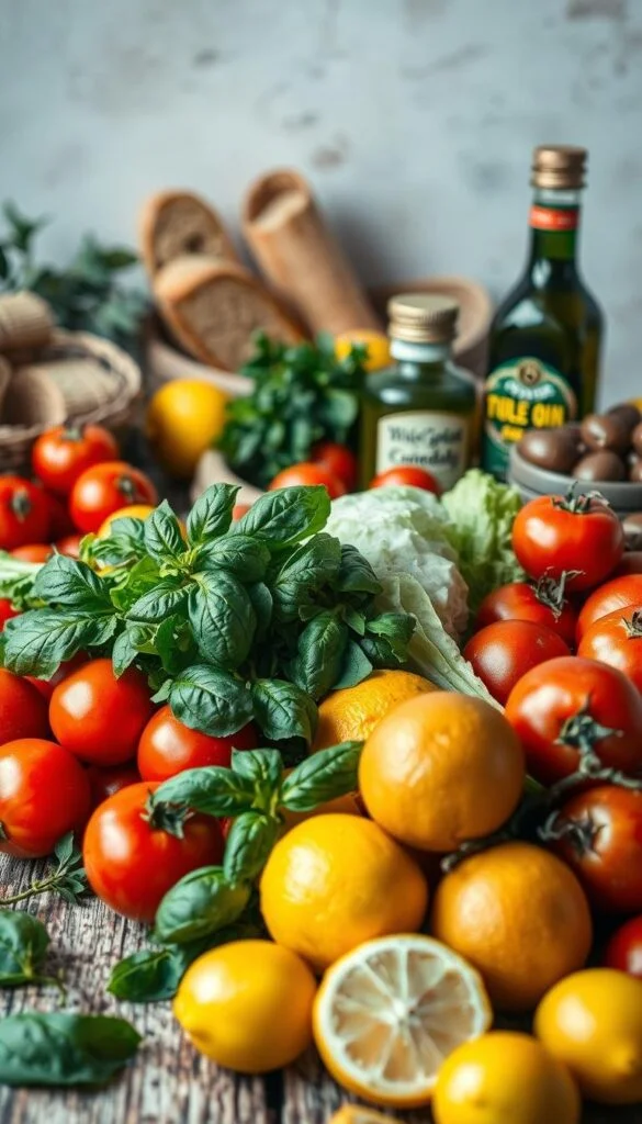 A vibrant still life arrangement of Mediterranean diet staples, artfully composed on a rustic wooden table. In the foreground, a bountiful display of fresh produce - ripe tomatoes, crisp lettuce, fragrant basil, and juicy lemons. In the middle ground, a selection of pantry essentials like whole grain bread, extra virgin olive oil, and a jar of olives. The background is softly lit, highlighting the natural textures and earthy tones of the setting. The overall mood is one of health, simplicity, and the pleasures of wholesome, Mediterranean-inspired cuisine. A vibrant still life arrangement of Mediterranean diet staples, artfully composed on a rustic wooden table. In the foreground, a bountiful display of fresh produce - ripe tomatoes, crisp lettuce, fragrant basil, and juicy lemons. In the middle ground, a selection of pantry essentials like whole grain bread, extra virgin olive oil, and a jar of olives. The background is softly lit, highlighting the natural textures and earthy tones of the setting. The overall mood is one of health, simplicity, and the pleasures of wholesome, Mediterranean-inspired cuisine.