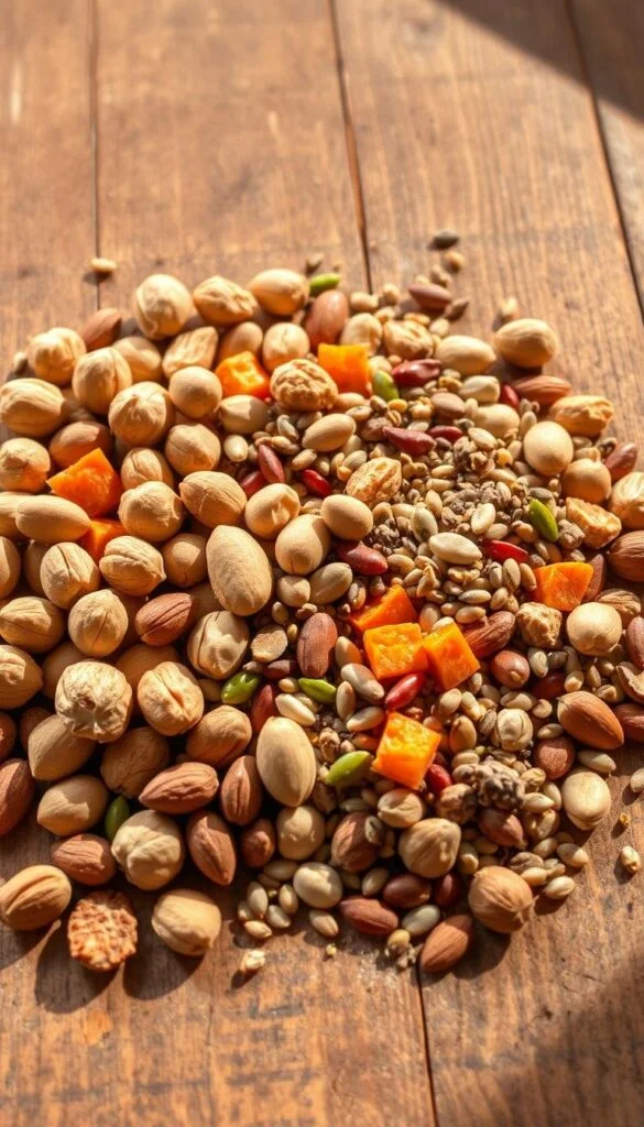 A vibrant still life featuring an assortment of Mediterranean nuts and seeds artfully arranged on a rustic wooden surface. Warm, natural lighting casts gentle shadows, accentuating the rich textures and earthy tones of the ingredients. Walnuts, almonds, hazelnuts, and pistachios are scattered amongst vibrant pumpkin, sunflower, and chia seeds, creating a visually appealing and balanced composition. The image conveys a sense of wholesomeness and nutritional abundance, perfectly capturing the essence of a nourishing Mediterranean-inspired snack. A vibrant still life featuring an assortment of Mediterranean nuts and seeds artfully arranged on a rustic wooden surface. Warm, natural lighting casts gentle shadows, accentuating the rich textures and earthy tones of the ingredients. Walnuts, almonds, hazelnuts, and pistachios are scattered amongst vibrant pumpkin, sunflower, and chia seeds, creating a visually appealing and balanced composition. The image conveys a sense of wholesomeness and nutritional abundance, perfectly capturing the essence of a nourishing Mediterranean-inspired snack.