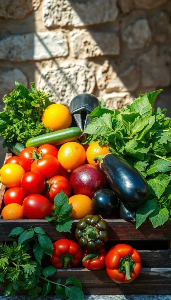 A vibrant still life of Mediterranean Diet staples: ripe tomatoes, crisp cucumbers, lush leafy greens, juicy citrus fruits, earthy eggplants, and vibrant bell peppers. Arrange them in a rustic wooden crate against a backdrop of sun-dappled stone walls. Soft natural lighting casts warm shadows, highlighting the fresh, vibrant colors and textures. The scene evokes the sun-kissed produce markets of the Mediterranean, inviting the viewer to savor the bounty of this healthy, flavorful cuisine. A vibrant still life of Mediterranean Diet staples: ripe tomatoes, crisp cucumbers, lush leafy greens, juicy citrus fruits, earthy eggplants, and vibrant bell peppers. Arrange them in a rustic wooden crate against a backdrop of sun-dappled stone walls. Soft natural lighting casts warm shadows, highlighting the fresh, vibrant colors and textures. The scene evokes the sun-kissed produce markets of the Mediterranean, inviting the viewer to savor the bounty of this healthy, flavorful cuisine.