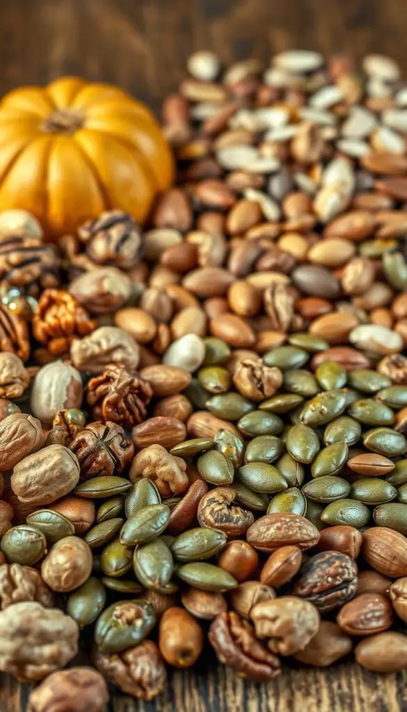 A vibrant still life of an assortment of autumn nuts and seeds, artfully arranged on a rustic wooden table. In the foreground, an array of shelled walnuts, pecans, and hazelnuts, their warm tones and irregular shapes complementing the earthy backdrop. In the middle ground, a scattering of roasted pumpkin seeds, their glistening green surfaces adding a pop of color. The background features a selection of whole, unshelled almonds and sunflower seeds, their textures and shapes creating visual interest. The lighting is soft and diffused, casting gentle shadows and highlighting the natural beauty of the ingredients. The overall mood is one of cozy, harvest-inspired abundance, perfect for inspiring a delicious fall salad. A vibrant still life of an assortment of autumn nuts and seeds, artfully arranged on a rustic wooden table. In the foreground, an array of shelled walnuts, pecans, and hazelnuts, their warm tones and irregular shapes complementing the earthy backdrop. In the middle ground, a scattering of roasted pumpkin seeds, their glistening green surfaces adding a pop of color. The background features a selection of whole, unshelled almonds and sunflower seeds, their textures and shapes creating visual interest. The lighting is soft and diffused, casting gentle shadows and highlighting the natural beauty of the ingredients. The overall mood is one of cozy, harvest-inspired abundance, perfect for inspiring a delicious fall salad.