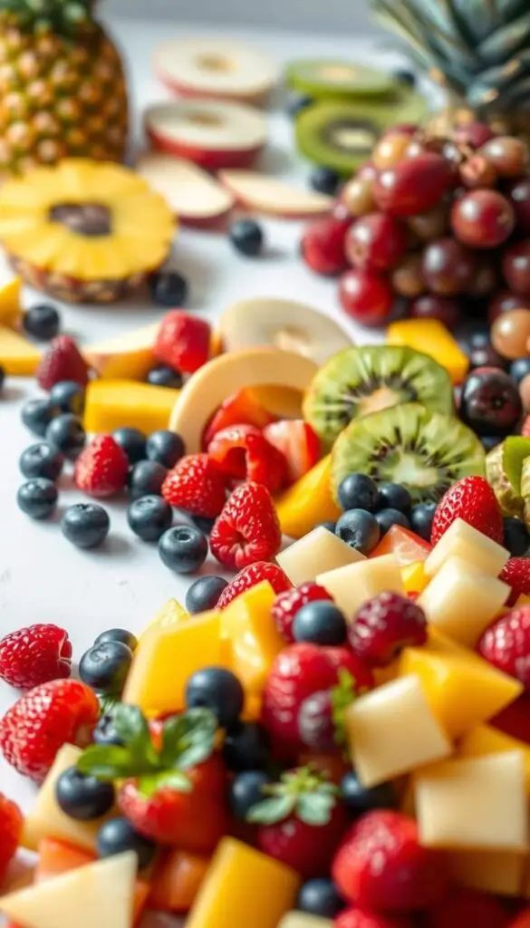A vibrant still life showcasing an assortment of the best fruits for homemade fruit salads. In the foreground, a lush pile of ripe, juicy strawberries, blueberries, and raspberries, their colors popping against a crisp white backdrop. In the middle ground, sliced kiwi, mango, and pineapple, their tropical sweetness complementing the berries. In the background, a scattering of crisp apple slices and plump grapes, hinting at the variety of flavors and textures that come together in a delectable fruit salad. Soft, natural lighting illuminates the scene, casting a warm, inviting glow and highlighting the glossy, mouth-watering surfaces of the fruit. The composition is balanced and visually appealing, capturing the essence of the best fruits for creating a refreshing and healthy homemade fruit salad. A vibrant still life showcasing an assortment of the best fruits for homemade fruit salads. In the foreground, a lush pile of ripe, juicy strawberries, blueberries, and raspberries, their colors popping against a crisp white backdrop. In the middle ground, sliced kiwi, mango, and pineapple, their tropical sweetness complementing the berries. In the background, a scattering of crisp apple slices and plump grapes, hinting at the variety of flavors and textures that come together in a delectable fruit salad. Soft, natural lighting illuminates the scene, casting a warm, inviting glow and highlighting the glossy, mouth-watering surfaces of the fruit. The composition is balanced and visually appealing, capturing the essence of the best fruits for creating a refreshing and healthy homemade fruit salad.