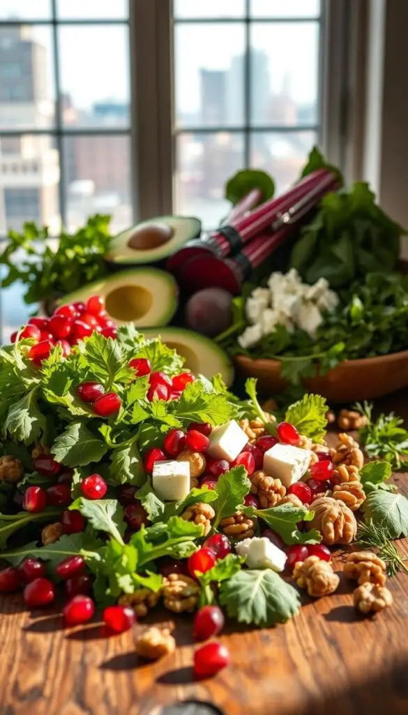 A vibrant still life showcasing the key ingredients for delectable winter salads. In the foreground, a crisp assortment of leafy greens, juicy pomegranate arils, and crunchy walnuts spill across a rustic wooden table, illuminated by warm, directional lighting that casts dramatic shadows. In the middle ground, vibrant beets, creamy avocado, and tangy feta cheese are arranged artfully, complemented by a scattering of fresh herbs. The background features a soft, blurred cityscape through a large window, hinting at the season's chill while the inviting ingredients evoke the comforts of a nourishing winter meal. A vibrant still life showcasing the key ingredients for delectable winter salads. In the foreground, a crisp assortment of leafy greens, juicy pomegranate arils, and crunchy walnuts spill across a rustic wooden table, illuminated by warm, directional lighting that casts dramatic shadows. In the middle ground, vibrant beets, creamy avocado, and tangy feta cheese are arranged artfully, complemented by a scattering of fresh herbs. The background features a soft, blurred cityscape through a large window, hinting at the season's chill while the inviting ingredients evoke the comforts of a nourishing winter meal.