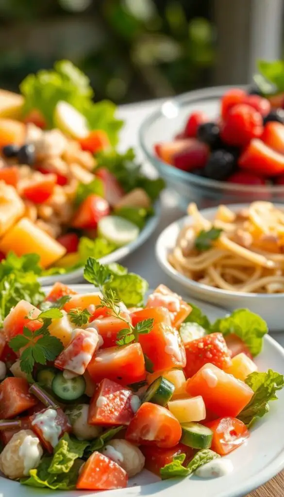 A vibrant tableau of classic summer salads, captured in warm afternoon light. In the foreground, a crisp, fresh garden salad with a creamy dressing, garnished with juicy tomatoes, crunchy cucumbers, and fragrant herbs. In the middle ground, a hearty pasta salad with al dente noodles, brightly colored vegetables, and a tangy vinaigrette. In the background, a refreshing fruit salad featuring sweet berries, juicy melon, and a light citrus drizzle. The composition is balanced, with each salad element complementing the others, creating a visually appealing and mouthwatering display of summer's bounty. A vibrant tableau of classic summer salads, captured in warm afternoon light. In the foreground, a crisp, fresh garden salad with a creamy dressing, garnished with juicy tomatoes, crunchy cucumbers, and fragrant herbs. In the middle ground, a hearty pasta salad with al dente noodles, brightly colored vegetables, and a tangy vinaigrette. In the background, a refreshing fruit salad featuring sweet berries, juicy melon, and a light citrus drizzle. The composition is balanced, with each salad element complementing the others, creating a visually appealing and mouthwatering display of summer's bounty.