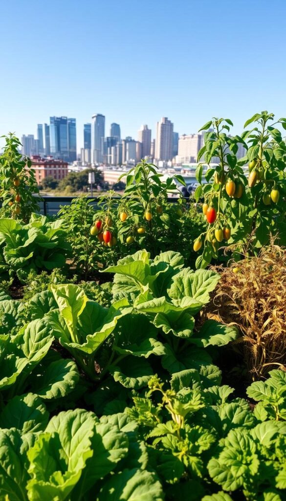 A detailed troubleshooting guide for common vegetable gardening issues, presented in a clean, informative layout. The foreground features various vegetables - tomatoes, carrots, lettuce, and bell peppers - accompanied by helpful icons and annotations highlighting potential problems and solutions. The middle ground showcases a serene, sun-dappled garden scene, with lush foliage and a wooden garden box in the foreground. The background depicts a warm, golden hour landscape, with rolling hills and a clear, blue sky. The overall tone is educational, practical, and visually appealing, designed to guide the viewer through the process of growing healthy, thriving vegetables at home. A vibrant urban garden scene with various leafy greens, herbs, and vegetables thriving in a sunlit, well-tended plot. In the foreground, rows of lush kale, spinach, and lettuce plants sway gently in a soft breeze. The middle ground features a mix of tomato vines, zucchini, and peppers, their colorful produce peeking out from the foliage. In the background, a picturesque cityscape with modern high-rises and a clear, blue sky provides a harmonious backdrop. The lighting is soft and natural, casting warm shadows and highlights that accentuate the details of the plants. The overall composition conveys a sense of tranquility, abundance, and the joy of cultivating one's own food in an urban setting.