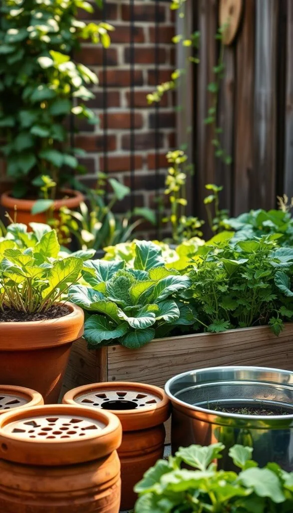 A vibrant, urban vegetable garden, with a variety of containers in the foreground - terracotta pots, wooden planters, and sleek metal tubs, all featuring prominent drainage holes. The middle ground showcases lush, thriving greens - kale, chard, and herbs, their leaves gently swaying in a soft breeze. In the background, a brick wall or a weathered wooden fence provides a rustic, natural backdrop, complementing the earthy tones of the containers. Warm, diffused sunlight filters through, creating a cozy, inviting atmosphere, perfect for a small-space oasis of homegrown goodness. A vibrant, urban vegetable garden, with a variety of containers in the foreground - terracotta pots, wooden planters, and sleek metal tubs, all featuring prominent drainage holes. The middle ground showcases lush, thriving greens - kale, chard, and herbs, their leaves gently swaying in a soft breeze. In the background, a brick wall or a weathered wooden fence provides a rustic, natural backdrop, complementing the earthy tones of the containers. Warm, diffused sunlight filters through, creating a cozy, inviting atmosphere, perfect for a small-space oasis of homegrown goodness.