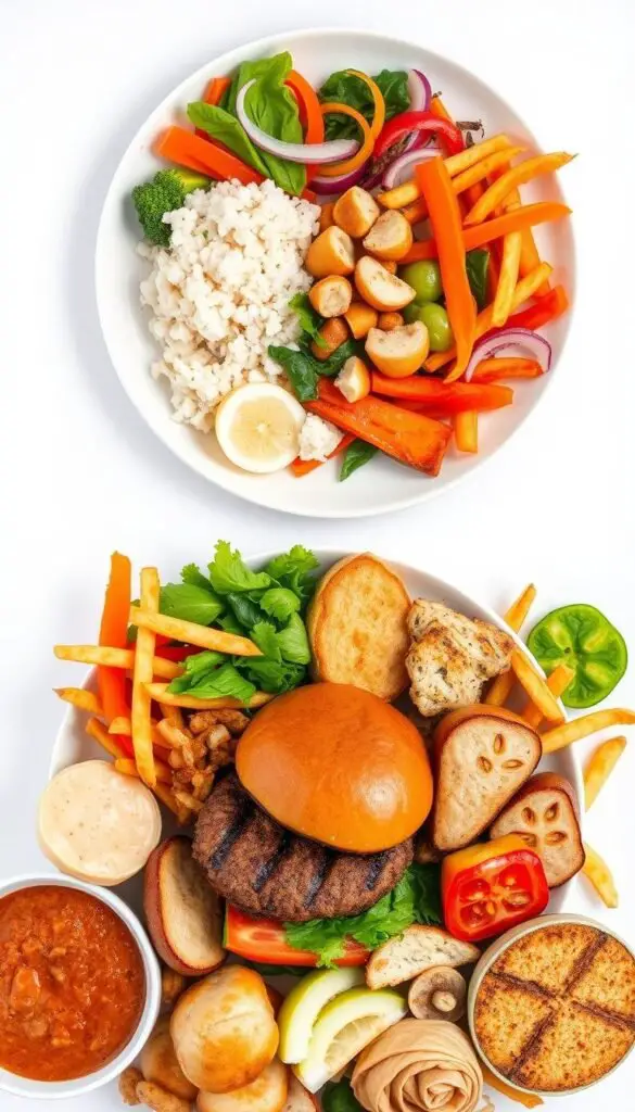 A visually striking comparison of a traditional Asian diet plate and a typical Western diet plate, shot in a clean, minimalist style with natural lighting. The Asian plate features an assortment of colorful, fresh vegetables, lean protein, and whole grains, arranged in a balanced, harmonious composition. The Western plate showcases larger portions of processed, high-calorie foods like burgers, fries, and sugary desserts, presented in a disjointed, unappetizing manner. The contrast between the two plates highlights the health benefits of the nutrient-dense Asian diet over the calorie-dense Western counterpart, creating a powerful visual metaphor for the advantages of traditional Eastern eating habits. A visually striking comparison of a traditional Asian diet plate and a typical Western diet plate, shot in a clean, minimalist style with natural lighting. The Asian plate features an assortment of colorful, fresh vegetables, lean protein, and whole grains, arranged in a balanced, harmonious composition. The Western plate showcases larger portions of processed, high-calorie foods like burgers, fries, and sugary desserts, presented in a disjointed, unappetizing manner. The contrast between the two plates highlights the health benefits of the nutrient-dense Asian diet over the calorie-dense Western counterpart, creating a powerful visual metaphor for the advantages of traditional Eastern eating habits.