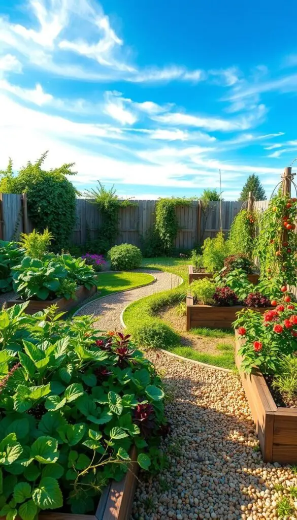 A well-designed kitchen garden layout with an edible landscape. In the foreground, neatly arranged raised beds overflow with vibrant, diverse vegetation - leafy greens, trailing vines, and colorful flowering plants. A winding, pebbled path leads through the middle ground, flanked by lush herb spirals and compact berry bushes. In the background, a weathered wooden fence is draped with cascading squash vines and trellised tomato plants, framed by a boundless azure sky with wispy clouds. The scene is bathed in warm, natural light, creating a tranquil, inviting atmosphere that beckons one to explore this bountiful, harmonious edible oasis. A well-designed kitchen garden layout with an edible landscape. In the foreground, neatly arranged raised beds overflow with vibrant, diverse vegetation - leafy greens, trailing vines, and colorful flowering plants. A winding, pebbled path leads through the middle ground, flanked by lush herb spirals and compact berry bushes. In the background, a weathered wooden fence is draped with cascading squash vines and trellised tomato plants, framed by a boundless azure sky with wispy clouds. The scene is bathed in warm, natural light, creating a tranquil, inviting atmosphere that beckons one to explore this bountiful, harmonious edible oasis.