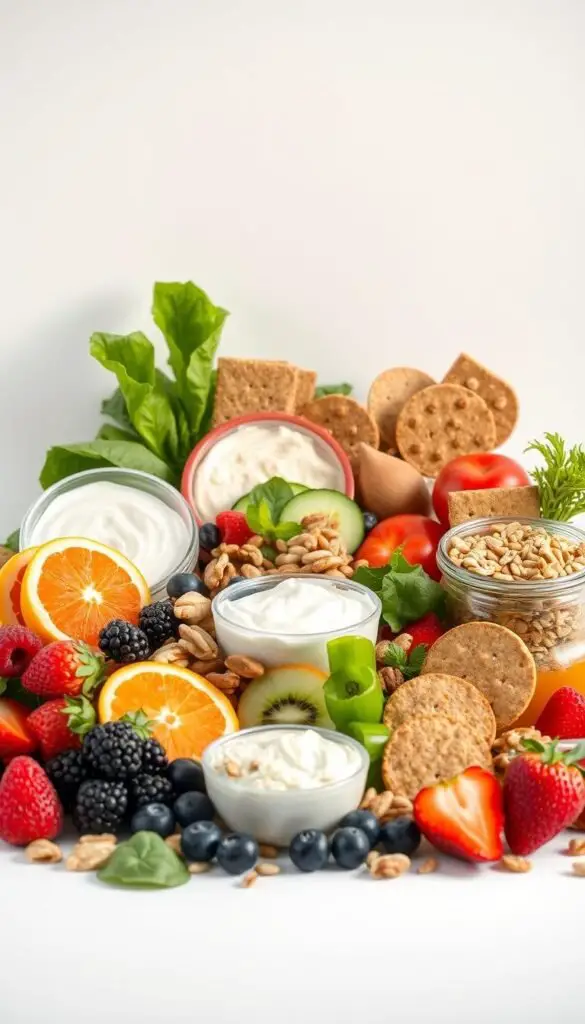 A well-lit, appetizing still-life arrangement of various nutritious snacks set against a clean, minimalist background. In the foreground, an array of fresh fruits like berries, citrus, and leafy greens. Interspersed are crunchy nuts, seeds, and whole-grain crackers. In the middle ground, Greek yogurt, hummus, and sliced vegetables create a balanced, vibrant composition. Soft, warm lighting gently illuminates the scene, highlighting the natural textures and colors of the healthy, nourishing ingredients. The overall mood is one of simplicity, health, and the benefits of incorporating such wholesome snacks into one's daily diet. A well-lit, appetizing still-life arrangement of various nutritious snacks set against a clean, minimalist background. In the foreground, an array of fresh fruits like berries, citrus, and leafy greens. Interspersed are crunchy nuts, seeds, and whole-grain crackers. In the middle ground, Greek yogurt, hummus, and sliced vegetables create a balanced, vibrant composition. Soft, warm lighting gently illuminates the scene, highlighting the natural textures and colors of the healthy, nourishing ingredients. The overall mood is one of simplicity, health, and the benefits of incorporating such wholesome snacks into one's daily diet.