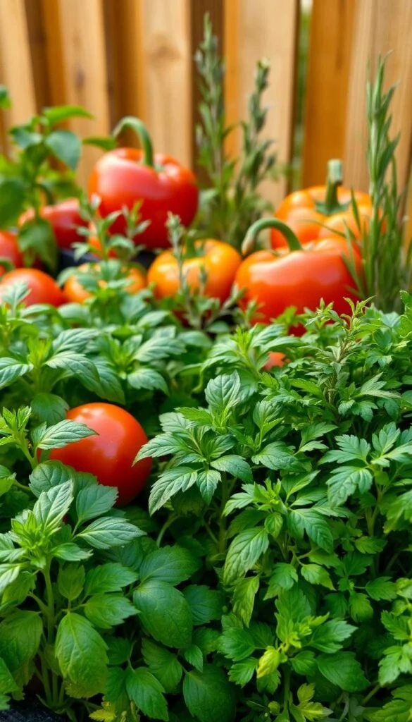 A well-lit, close-up photograph showcasing an array of vibrant, freshly harvested herbs and vegetables, ideal for an herb garden. The foreground features lush, green basil, cilantro, and parsley, their leaves glistening with morning dew. In the middle ground, plump tomatoes, crisp bell peppers, and fragrant rosemary and thyme stand tall, creating a harmonious blend of colors and textures. The background softly fades into a warm, natural setting, with a wooden fence or trellis providing a rustic, yet inviting backdrop. The overall composition evokes a sense of abundance, vitality, and the joys of cultivating a thriving, beginner-friendly herb garden.