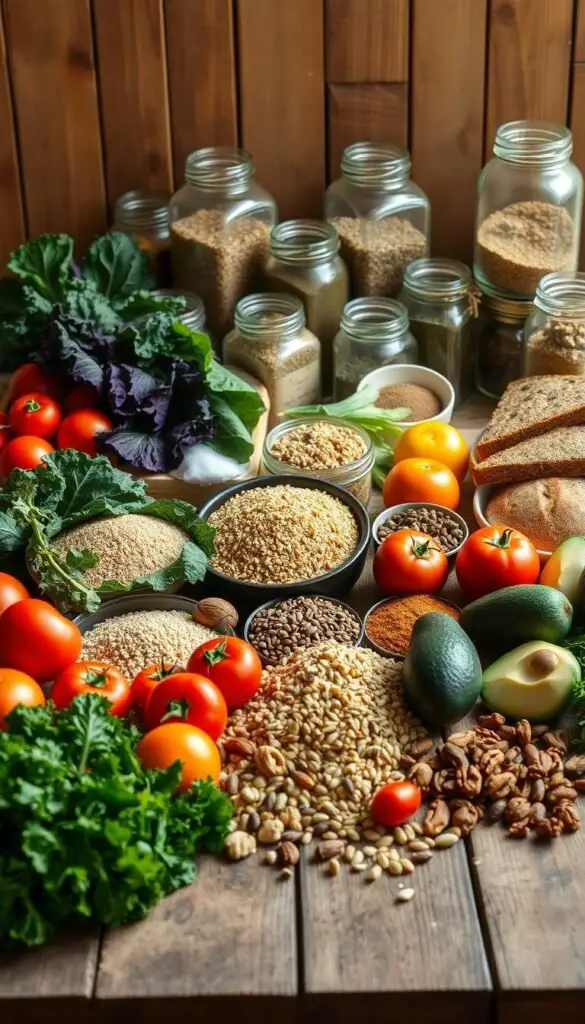 A well-lit still life arrangement showcasing a variety of whole food essentials on a rustic wooden table. In the foreground, a mix of vibrant produce such as fresh kale, tomatoes, avocados, and citrus fruits. In the middle ground, whole grains like quinoa, brown rice, and whole wheat bread, along with nuts, seeds, and legumes. The background features glass jars filled with spices, herbs, and other pantry staples. The scene is bathed in warm, natural light, creating a cozy, inviting atmosphere that highlights the purity and simplicity of these wholesome ingredients. A well-lit still life arrangement showcasing a variety of whole food essentials on a rustic wooden table. In the foreground, a mix of vibrant produce such as fresh kale, tomatoes, avocados, and citrus fruits. In the middle ground, whole grains like quinoa, brown rice, and whole wheat bread, along with nuts, seeds, and legumes. The background features glass jars filled with spices, herbs, and other pantry staples. The scene is bathed in warm, natural light, creating a cozy, inviting atmosphere that highlights the purity and simplicity of these wholesome ingredients.