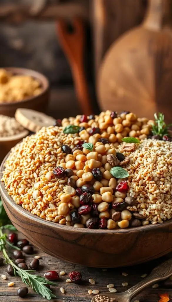 A well-lit still life composition featuring a variety of seasonal grains and legumes arranged in a rustic, wooden bowl. The foreground showcases hearty whole grains like freekeh, farro, and bulgur, as well as protein-rich legumes such as lentils, chickpeas, and quinoa. The middle ground includes complementary textures like dried cranberries, toasted nuts, and fresh herbs. The background features earthy tones and warm, directional lighting, evoking the cozy ambience of an autumnal kitchen. The overall scene conveys the nourishing, wholesome qualities of these versatile ingredients for seasonal salad recipes. A well-lit still life composition featuring a variety of seasonal grains and legumes arranged in a rustic, wooden bowl. The foreground showcases hearty whole grains like freekeh, farro, and bulgur, as well as protein-rich legumes such as lentils, chickpeas, and quinoa. The middle ground includes complementary textures like dried cranberries, toasted nuts, and fresh herbs. The background features earthy tones and warm, directional lighting, evoking the cozy ambience of an autumnal kitchen. The overall scene conveys the nourishing, wholesome qualities of these versatile ingredients for seasonal salad recipes.