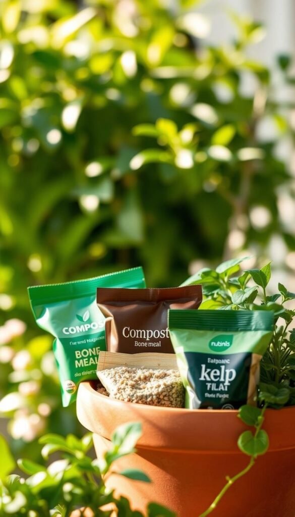 A well-organized, neatly arranged display of organic vegetable fertilizers in a terracotta pot against a soft, blurred background of lush greenery. The fertilizers are a variety of natural ingredients such as compost, bone meal, and kelp, showcasing their earthy, nutrient-rich textures. Warm, natural lighting illuminates the scene, casting gentle shadows and highlighting the vibrant colors. The composition emphasizes the importance of using high-quality, eco-friendly fertilizers to nourish and support a thriving container garden. The overall mood is one of tranquility, sustainability, and a connection to the natural world. A well-organized, neatly arranged display of organic vegetable fertilizers in a terracotta pot against a soft, blurred background of lush greenery. The fertilizers are a variety of natural ingredients such as compost, bone meal, and kelp, showcasing their earthy, nutrient-rich textures. Warm, natural lighting illuminates the scene, casting gentle shadows and highlighting the vibrant colors. The composition emphasizes the importance of using high-quality, eco-friendly fertilizers to nourish and support a thriving container garden. The overall mood is one of tranquility, sustainability, and a connection to the natural world.