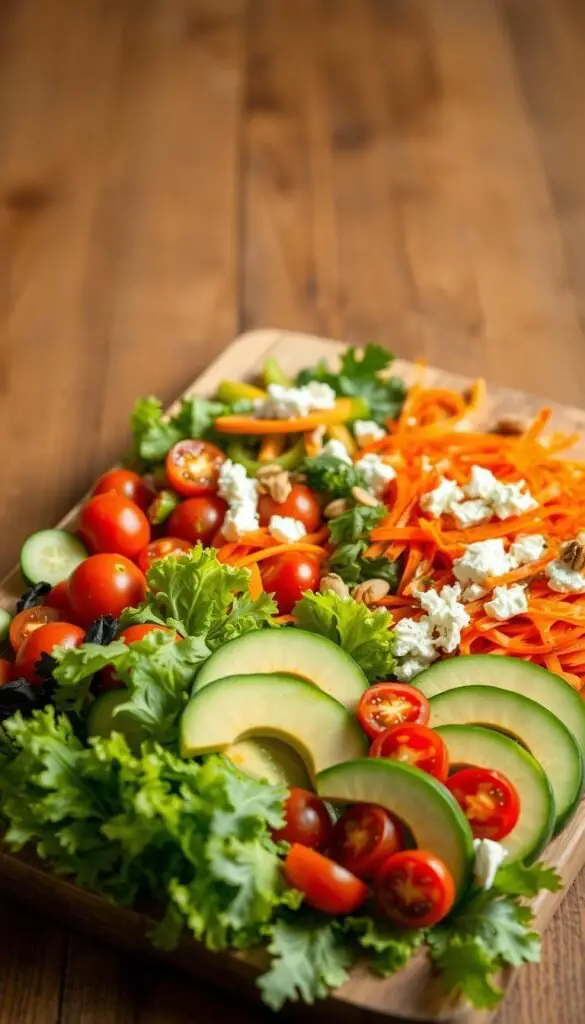 A wooden cutting board showcases an abundance of fresh salad ingredients. In the foreground, crisp green lettuce leaves, crunchy cucumbers, vibrant cherry tomatoes, and juicy slices of avocado are arranged in an appealing layout. The middle ground features colorful bell pepper strips, shredded carrots, and crumbly feta cheese. A sprinkle of pine nuts and a drizzle of balsamic vinaigrette add the finishing touches. Warm, diffused lighting from above casts a natural glow, highlighting the textures and colors of the ingredients. The overall mood is one of rustic simplicity and nutritious vitality, inviting the viewer to envision a delicious and wholesome dinner salad. A wooden cutting board showcases an abundance of fresh salad ingredients. In the foreground, crisp green lettuce leaves, crunchy cucumbers, vibrant cherry tomatoes, and juicy slices of avocado are arranged in an appealing layout. The middle ground features colorful bell pepper strips, shredded carrots, and crumbly feta cheese. A sprinkle of pine nuts and a drizzle of balsamic vinaigrette add the finishing touches. Warm, diffused lighting from above casts a natural glow, highlighting the textures and colors of the ingredients. The overall mood is one of rustic simplicity and nutritious vitality, inviting the viewer to envision a delicious and wholesome dinner salad.