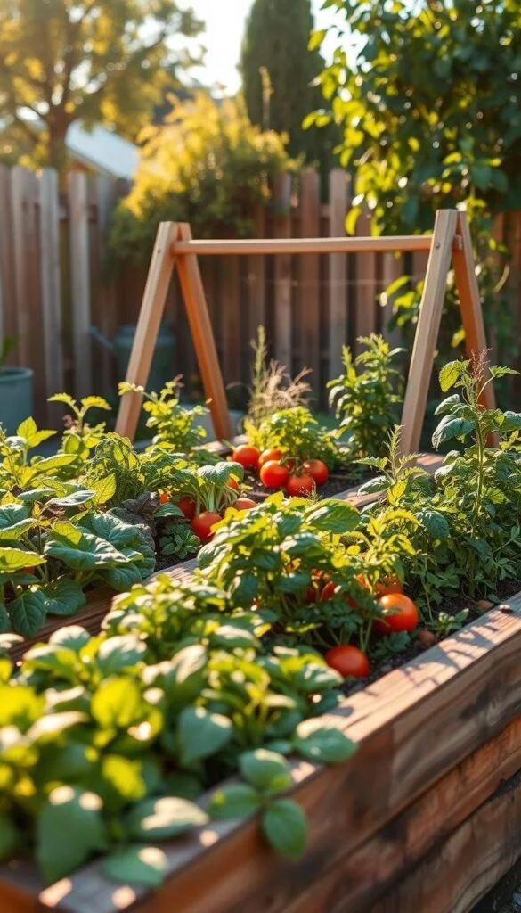 An artfully arranged raised garden bed, featuring a lush variety of thriving vegetables and herbs. The foreground showcases neatly planted rows of leafy greens, vibrant tomatoes, and fragrant herbs, while the middle ground depicts a sturdy wooden frame supporting the elevated planting area. The background offers a glimpse of a cozy backyard setting, with a wooden fence and verdant foliage providing a natural backdrop. The scene is illuminated by warm, golden sunlight, casting a serene and inviting atmosphere. The overall composition highlights the beauty and practicality of this popular veggie garden layout, perfect for maximizing limited space and cultivating a productive and visually appealing backyard oasis.