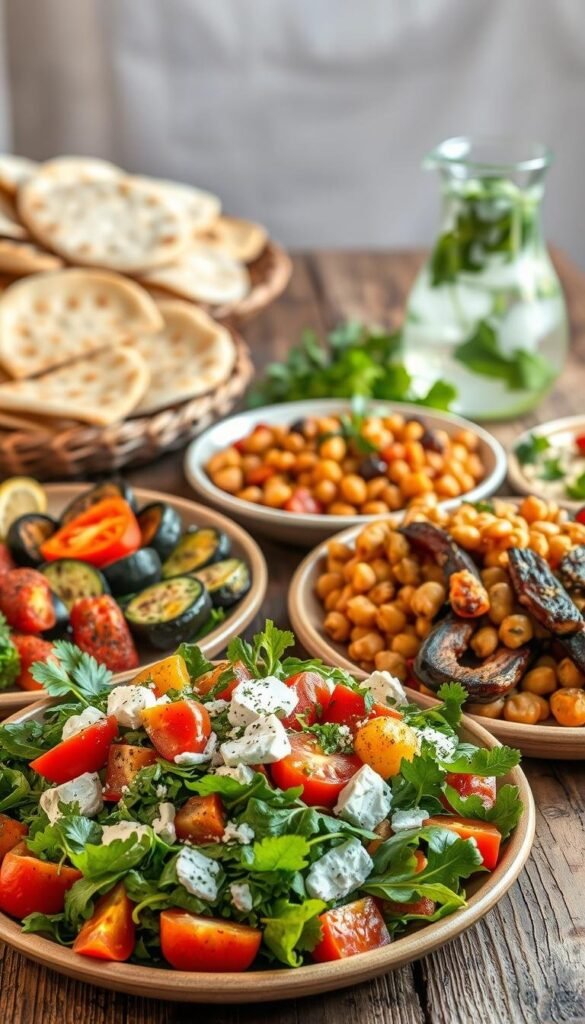 An assortment of mouthwatering vegetarian Mediterranean dishes, artfully arranged on a rustic wooden table. In the foreground, a vibrant salad of fresh greens, juicy tomatoes, creamy feta, and fragrant herbs, drizzled with a tangy lemon-olive oil dressing. Alongside, a platter of grilled vegetables - zucchini, eggplant, and bell peppers - seasoned with a medley of Mediterranean spices. In the middle, a hearty bowl of fragrant chickpea and vegetable tagine, its rich flavors mingling with the aroma of toasted pine nuts and dried apricots. In the background, a selection of freshly baked pita breads and a pitcher of chilled, infused water, creating a serene, inviting ambiance. Soft, natural lighting illuminates the scene, highlighting the vibrant colors and textures of these delectable vegetarian Mediterranean favorites. An assortment of mouthwatering vegetarian Mediterranean dishes, artfully arranged on a rustic wooden table. In the foreground, a vibrant salad of fresh greens, juicy tomatoes, creamy feta, and fragrant herbs, drizzled with a tangy lemon-olive oil dressing. Alongside, a platter of grilled vegetables - zucchini, eggplant, and bell peppers - seasoned with a medley of Mediterranean spices. In the middle, a hearty bowl of fragrant chickpea and vegetable tagine, its rich flavors mingling with the aroma of toasted pine nuts and dried apricots. In the background, a selection of freshly baked pita breads and a pitcher of chilled, infused water, creating a serene, inviting ambiance. Soft, natural lighting illuminates the scene, highlighting the vibrant colors and textures of these delectable vegetarian Mediterranean favorites.