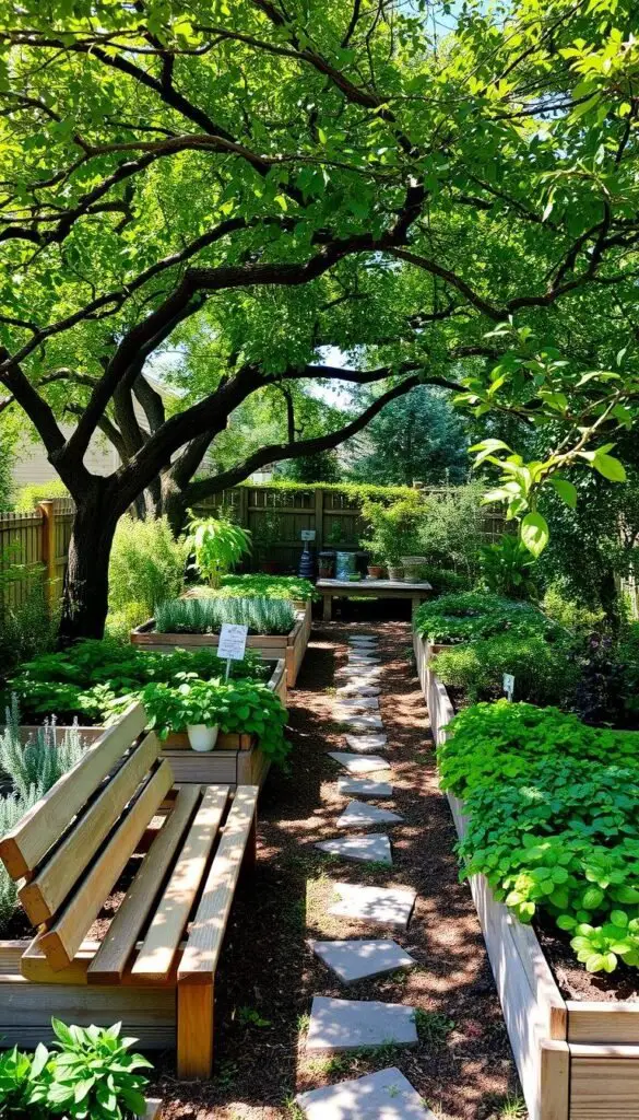An expansive herb garden nestled in a cozy, sun-dappled corner of a lush backyard. Neat rows of vibrant, fragrant plants—rosemary, thyme, basil, and more—line raised wooden beds, their leaves gently swaying in a soft breeze. Sprawling shade trees frame the scene, casting dappled light that dances across the soil. A weathered wooden bench invites one to pause and admire the verdant oasis, while a path of stepping stones leads deeper into the garden. The overall atmosphere exudes a sense of tranquility and natural harmony, perfectly suited for cultivating a thriving herb collection. An expansive herb garden nestled in a cozy, sun-dappled corner of a lush backyard. Neat rows of vibrant, fragrant plants—rosemary, thyme, basil, and more—line raised wooden beds, their leaves gently swaying in a soft breeze. Sprawling shade trees frame the scene, casting dappled light that dances across the soil. A weathered wooden bench invites one to pause and admire the verdant oasis, while a path of stepping stones leads deeper into the garden. The overall atmosphere exudes a sense of tranquility and natural harmony, perfectly suited for cultivating a thriving herb collection.
