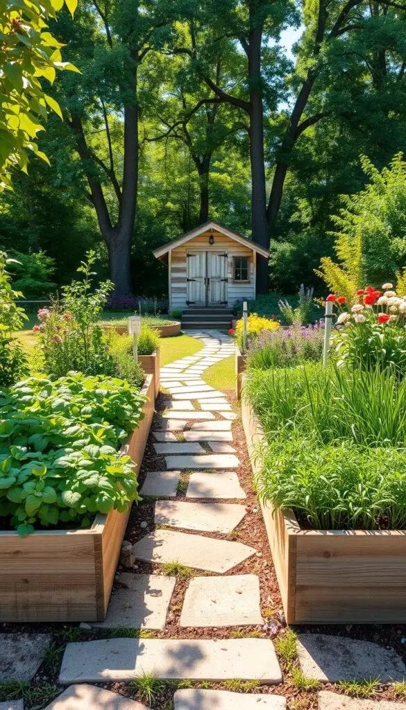An exquisite layout of an herb garden, bathed in warm sunlight filtering through lush foliage. In the foreground, a tidy arrangement of raised planter boxes, each brimming with a variety of fragrant herbs - aromatic basil, curly parsley, vibrant chives, and more. The middle ground reveals a winding stone path, guiding the eye towards a quaint garden shed in the distance, its weathered wooden facade complementing the natural setting. In the background, a lush tapestry of towering trees and blooming perennials frames the scene, creating a serene and inviting atmosphere. The entire composition is captured with a wide-angle lens, emphasizing the harmonious balance of this thoughtfully designed herb garden. An exquisite layout of an herb garden, bathed in warm sunlight filtering through lush foliage. In the foreground, a tidy arrangement of raised planter boxes, each brimming with a variety of fragrant herbs - aromatic basil, curly parsley, vibrant chives, and more. The middle ground reveals a winding stone path, guiding the eye towards a quaint garden shed in the distance, its weathered wooden facade complementing the natural setting. In the background, a lush tapestry of towering trees and blooming perennials frames the scene, creating a serene and inviting atmosphere. The entire composition is captured with a wide-angle lens, emphasizing the harmonious balance of this thoughtfully designed herb garden.