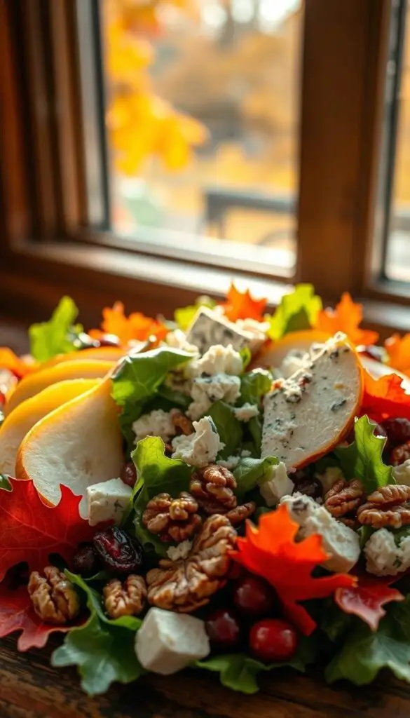 Crisp fall greens, vibrant hues of orange and red, accented by artisanal cheeses. A visually stunning arrangement of seasonal salad ingredients - juicy pear slices, crumbled blue cheese, toasted walnuts, and a scattering of dried cranberries. The warm, golden light filters through the window, casting a cozy glow over the scene. Captured with a wide-angle lens to showcase the depth and texture of the salad, framed against a softly blurred background of autumn foliage. An appetizing, autumnal tableau that embodies the perfect pairing of fall flavors and cheese. Crisp fall greens, vibrant hues of orange and red, accented by artisanal cheeses. A visually stunning arrangement of seasonal salad ingredients - juicy pear slices, crumbled blue cheese, toasted walnuts, and a scattering of dried cranberries. The warm, golden light filters through the window, casting a cozy glow over the scene. Captured with a wide-angle lens to showcase the depth and texture of the salad, framed against a softly blurred background of autumn foliage. An appetizing, autumnal tableau that embodies the perfect pairing of fall flavors and cheese.