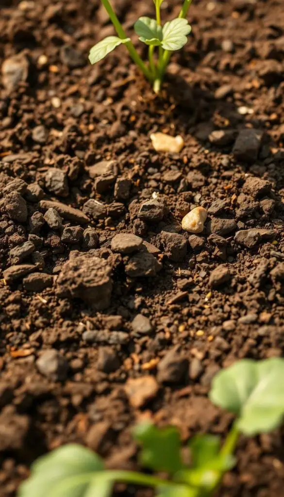 Lush, nutrient-rich garden soil in an inviting close-up view. Warm, diffused natural lighting illuminates the earthy texture, revealing a blend of dark loam, decomposed organic matter, and light-colored sand. The soil appears crumbly and well-aerated, with visible bits of plant roots, worm castings, and other signs of thriving microbial life. Positioned slightly off-center, the soil fills the frame, drawing the viewer's attention to the essential foundation for growing healthy, beginner-friendly vegetables. A sense of tranquility and abundance pervades the scene, hinting at the productive potential of this fertile, well-tended gardening medium. Lush, nutrient-rich garden soil in an inviting close-up view. Warm, diffused natural lighting illuminates the earthy texture, revealing a blend of dark loam, decomposed organic matter, and light-colored sand. The soil appears crumbly and well-aerated, with visible bits of plant roots, worm castings, and other signs of thriving microbial life. Positioned slightly off-center, the soil fills the frame, drawing the viewer's attention to the essential foundation for growing healthy, beginner-friendly vegetables. A sense of tranquility and abundance pervades the scene, hinting at the productive potential of this fertile, well-tended gardening medium.