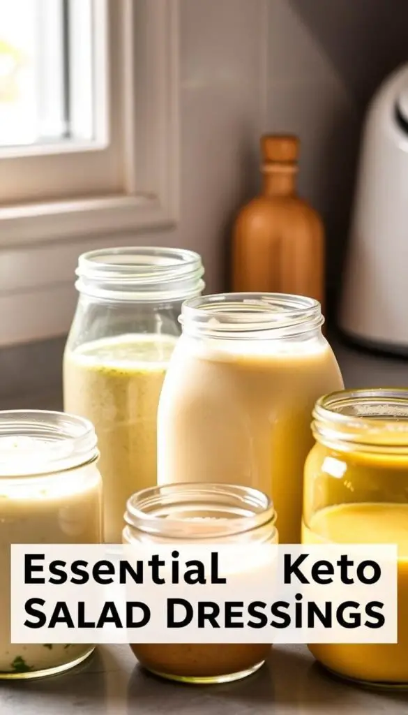 Neatly arranged glass jars filled with creamy, keto-friendly salad dressings in a well-lit kitchen scene. The dressings showcase a range of colors and textures, from vibrant green pesto to rich, smooth avocado oil. Soft natural lighting from a nearby window casts a warm glow, highlighting the texture of the glass and the contents within. The jars are set against a simple, neutral background, allowing the dressings to take center stage. The overall composition exudes a sense of wholesome, healthful indulgence, perfectly complementing the "Essential Keto Salad Dressings" theme. Neatly arranged glass jars filled with creamy, keto-friendly salad dressings in a well-lit kitchen scene. The dressings showcase a range of colors and textures, from vibrant green pesto to rich, smooth avocado oil. Soft natural lighting from a nearby window casts a warm glow, highlighting the texture of the glass and the contents within. The jars are set against a simple, neutral background, allowing the dressings to take center stage. The overall composition exudes a sense of wholesome, healthful indulgence, perfectly complementing the "Essential Keto Salad Dressings" theme.