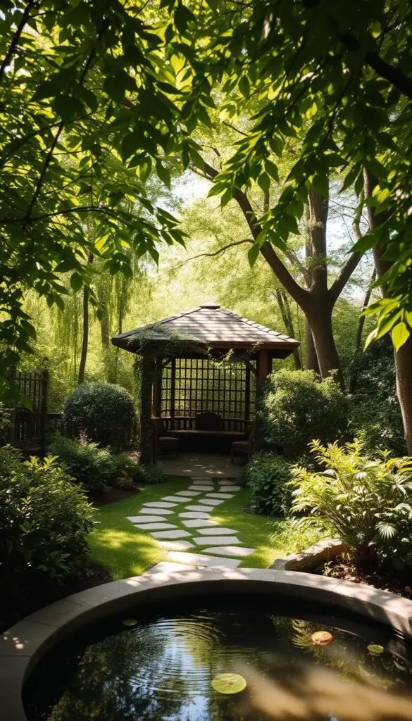 Serene meditation garden nestled in a lush, tranquil setting. Verdant foliage frames a meandering stone path leading to a secluded meditation gazebo, adorned with delicate climbing vines. Dappled sunlight filters through the canopy of trees, creating a warm, peaceful ambiance. In the foreground, a small koi pond reflects the natural surroundings, its gentle ripples and the distant chime of a wind-bell fostering a sense of calm. The overall scene evokes a serene, contemplative atmosphere, inviting the viewer to find their own peaceful retreat. Serene meditation garden nestled in a lush, tranquil setting. Verdant foliage frames a meandering stone path leading to a secluded meditation gazebo, adorned with delicate climbing vines. Dappled sunlight filters through the canopy of trees, creating a warm, peaceful ambiance. In the foreground, a small koi pond reflects the natural surroundings, its gentle ripples and the distant chime of a wind-bell fostering a sense of calm. The overall scene evokes a serene, contemplative atmosphere, inviting the viewer to find their own peaceful retreat.