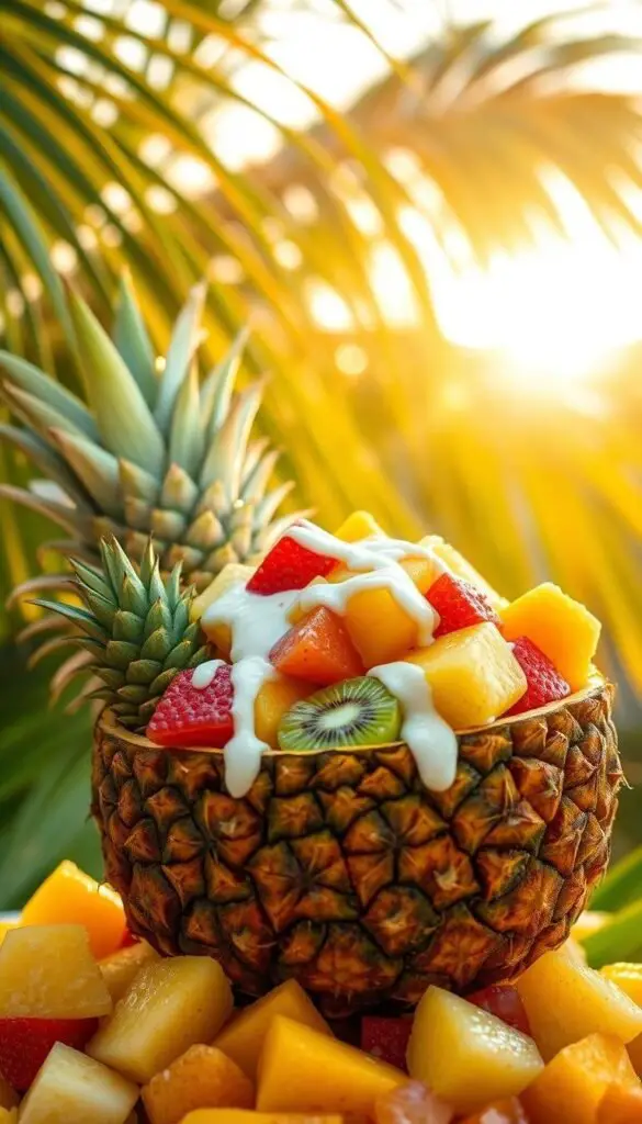 Tropical fruit salad with luscious mango, juicy pineapple, and vibrant kiwi nestled in a hollowed-out pineapple bowl. Creamy coconut dressing drizzled over the fresh, colorful medley. Warm, golden sunshine filters through the leaves of a swaying palm tree, casting a soft glow. Vibrant hues and lush textures create a captivating, summery scene. High-resolution, photorealistic, 4K, natural lighting, detailed, appetizing. Tropical fruit salad with luscious mango, juicy pineapple, and vibrant kiwi nestled in a hollowed-out pineapple bowl. Creamy coconut dressing drizzled over the fresh, colorful medley. Warm, golden sunshine filters through the leaves of a swaying palm tree, casting a soft glow. Vibrant hues and lush textures create a captivating, summery scene. High-resolution, photorealistic, 4K, natural lighting, detailed, appetizing.