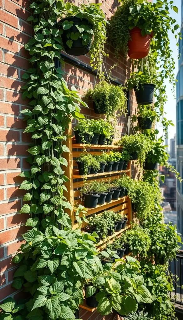 Vertical gardening structures for urban spaces: A lush, multi-tiered arrangement of planters, trellises, and hanging baskets cascading down a brick wall. Sunlight filters through the foliage, casting warm shadows. In the foreground, leafy greens and trailing vines spill over the edges, creating a verdant, living tapestry. The middle ground features a modular, slatted wooden frame supporting a variety of potted vegetables and herbs. In the background, the urban landscape recedes, hinting at the tranquility and productivity this vertical garden brings to the city. Captured with a wide-angle lens, the scene exudes a sense of balance, abundance, and efficient use of limited space. Vertical gardening structures for urban spaces: A lush, multi-tiered arrangement of planters, trellises, and hanging baskets cascading down a brick wall. Sunlight filters through the foliage, casting warm shadows. In the foreground, leafy greens and trailing vines spill over the edges, creating a verdant, living tapestry. The middle ground features a modular, slatted wooden frame supporting a variety of potted vegetables and herbs. In the background, the urban landscape recedes, hinting at the tranquility and productivity this vertical garden brings to the city. Captured with a wide-angle lens, the scene exudes a sense of balance, abundance, and efficient use of limited space.