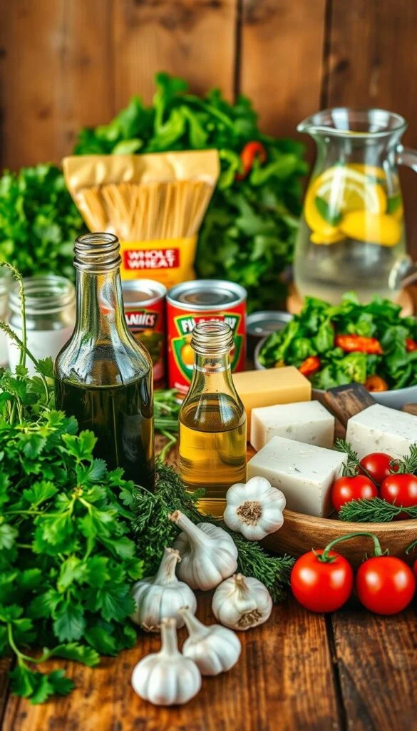 Vibrant Mediterranean meal prep essentials arranged on a rustic wooden table. In the foreground, a variety of fresh herbs, garlic, and olive oil in glass bottles. Middle ground features whole wheat pasta, canned tomatoes, and a block of feta cheese. In the background, a leafy green salad, roasted vegetables, and a glass pitcher of lemon-infused water. Warm, natural lighting casts a soft glow, accentuating the rich colors and textures. The scene evokes the healthful, flavorful essence of the Mediterranean diet, inspiring the viewer to embark on their own meal prepping journey. Vibrant Mediterranean meal prep essentials arranged on a rustic wooden table. In the foreground, a variety of fresh herbs, garlic, and olive oil in glass bottles. Middle ground features whole wheat pasta, canned tomatoes, and a block of feta cheese. In the background, a leafy green salad, roasted vegetables, and a glass pitcher of lemon-infused water. Warm, natural lighting casts a soft glow, accentuating the rich colors and textures. The scene evokes the healthful, flavorful essence of the Mediterranean diet, inspiring the viewer to embark on their own meal prepping journey.