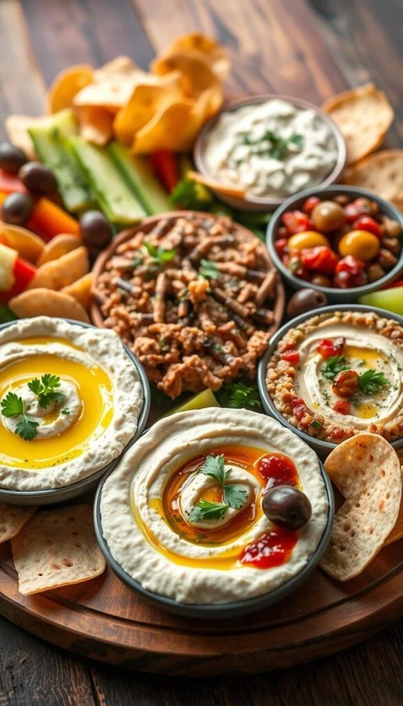 Vibrant and appetizing assortment of traditional Mediterranean dips arranged artfully on a rustic wooden board. In the foreground, creamy hummus, silky baba ghanoush, and fragrant tapenade take center stage, dressed with drizzles of olive oil and sprinkled with fresh herbs. Surrounding them, crunchy pita chips, crisp vegetables, and salty olives create a colorful and balanced display. The lighting is natural, warm, and slightly diffused, highlighting the rich textures and vibrant colors of the dips. The composition is balanced, with a clean background that allows the dips to shine. The overall mood is one of simple elegance and the flavors of the Mediterranean. Vibrant and appetizing assortment of traditional Mediterranean dips arranged artfully on a rustic wooden board. In the foreground, creamy hummus, silky baba ghanoush, and fragrant tapenade take center stage, dressed with drizzles of olive oil and sprinkled with fresh herbs. Surrounding them, crunchy pita chips, crisp vegetables, and salty olives create a colorful and balanced display. The lighting is natural, warm, and slightly diffused, highlighting the rich textures and vibrant colors of the dips. The composition is balanced, with a clean background that allows the dips to shine. The overall mood is one of simple elegance and the flavors of the Mediterranean.