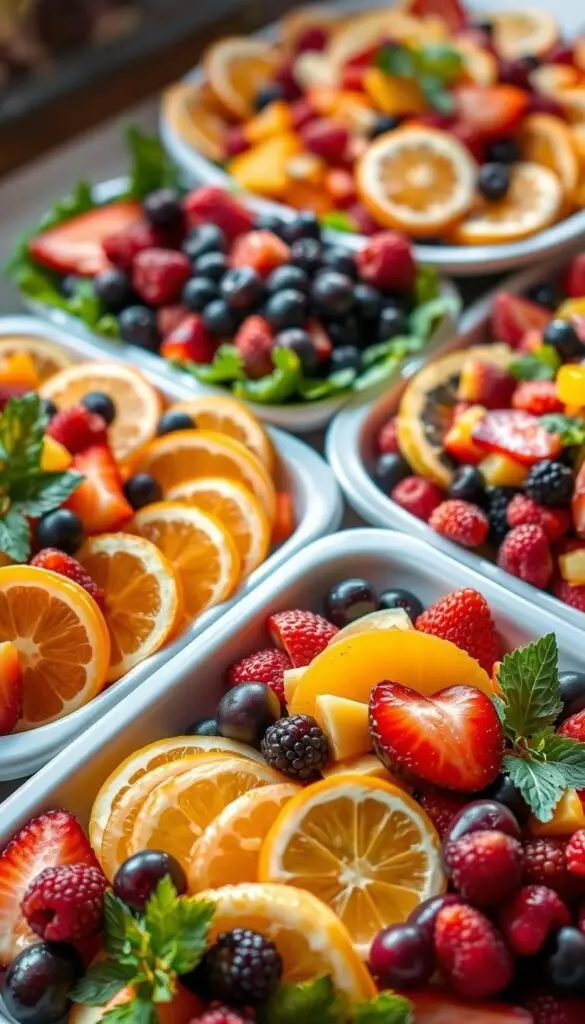 Vibrant fruit salads arranged in festive patterns, bursting with color and fresh flavors. An assortment of succulent berries, juicy citrus slices, and ripe tropical fruits, laid out in visually striking compositions. Soft, diffused lighting casts a warm glow, highlighting the natural textures and shiny surfaces. Captured from a slightly elevated angle, the scene has a tempting, appetizing quality, inviting the viewer to dive into these delightful and nourishing treats. Refreshing, healthy, and elegantly presented, these fruit salads are a delightful celebration of nature's bounty. Vibrant fruit salads arranged in festive patterns, bursting with color and fresh flavors. An assortment of succulent berries, juicy citrus slices, and ripe tropical fruits, laid out in visually striking compositions. Soft, diffused lighting casts a warm glow, highlighting the natural textures and shiny surfaces. Captured from a slightly elevated angle, the scene has a tempting, appetizing quality, inviting the viewer to dive into these delightful and nourishing treats. Refreshing, healthy, and elegantly presented, these fruit salads are a delightful celebration of nature's bounty.