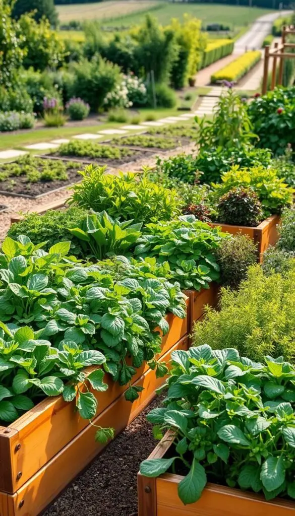 Vibrant raised bed vegetable garden, neatly arranged with a variety of thriving plants. The beds are constructed from warm-toned wood, elevated to waist height for easy tending. Lush, verdant foliage of leafy greens, colorful vegetables, and fragrant herbs cascade over the edges, bathed in soft, natural lighting. In the background, a picturesque garden scene with a path leading through a verdant landscape. The overall composition conveys a sense of abundance, order, and the joy of homegrown produce. Vibrant raised bed vegetable garden, neatly arranged with a variety of thriving plants. The beds are constructed from warm-toned wood, elevated to waist height for easy tending. Lush, verdant foliage of leafy greens, colorful vegetables, and fragrant herbs cascade over the edges, bathed in soft, natural lighting. In the background, a picturesque garden scene with a path leading through a verdant landscape. The overall composition conveys a sense of abundance, order, and the joy of homegrown produce.