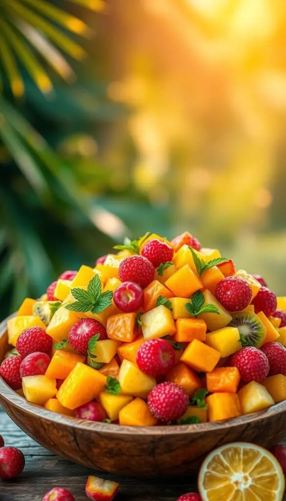 Vibrant tropical fruit salad arrangement, overflowing with a colorful mix of freshly sliced pineapple, mango, papaya, kiwi, and lychee. The fruit glistens under warm, golden lighting, creating a inviting, summery ambiance. Scattered throughout the salad are small sprigs of mint, adding a touch of freshness. The composition is arranged in a rustic wooden bowl, set against a blurred, hazy background evoking a lush, tropical paradise. The overall scene emanates a sense of refreshing, healthy indulgence. Vibrant tropical fruit salad arrangement, overflowing with a colorful mix of freshly sliced pineapple, mango, papaya, kiwi, and lychee. The fruit glistens under warm, golden lighting, creating a inviting, summery ambiance. Scattered throughout the salad are small sprigs of mint, adding a touch of freshness. The composition is arranged in a rustic wooden bowl, set against a blurred, hazy background evoking a lush, tropical paradise. The overall scene emanates a sense of refreshing, healthy indulgence.