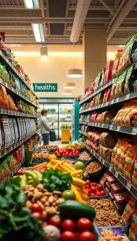 Vibrant, well-lit grocery store aisle showcasing an array of nutritious snack options. In the foreground, a variety of colorful fruits, vegetables, nuts, and whole-grain crackers are neatly arranged on shelves. The middle ground features a shopper inspecting nutrition labels, while the background depicts a clean, modern store interior with warm lighting and minimalist decor. The overall atmosphere conveys a sense of healthy, mindful grocery shopping, with an emphasis on making informed, nutritious choices. Vibrant, well-lit grocery store aisle showcasing an array of nutritious snack options. In the foreground, a variety of colorful fruits, vegetables, nuts, and whole-grain crackers are neatly arranged on shelves. The middle ground features a shopper inspecting nutrition labels, while the background depicts a clean, modern store interior with warm lighting and minimalist decor. The overall atmosphere conveys a sense of healthy, mindful grocery shopping, with an emphasis on making informed, nutritious choices.