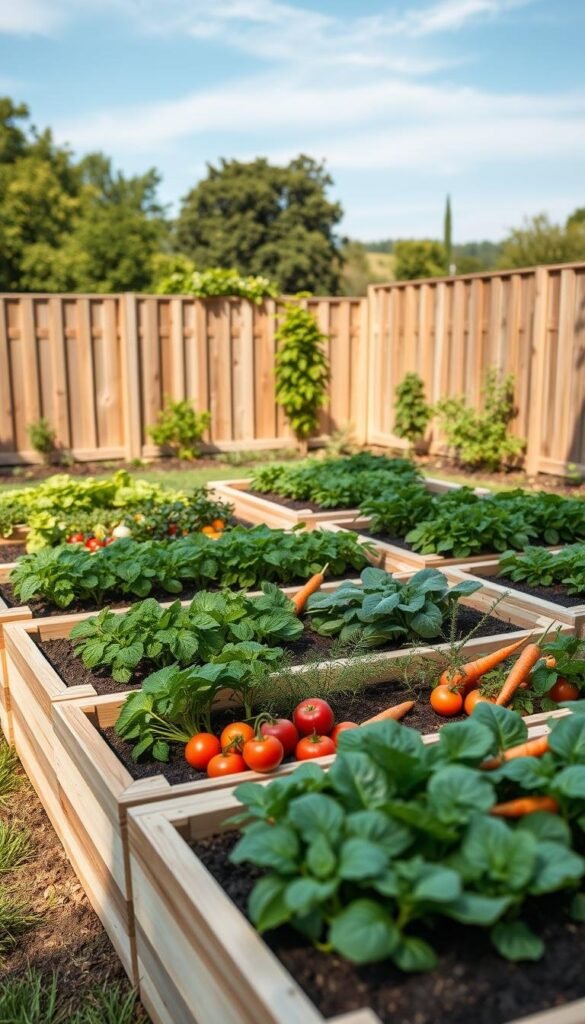 a highly detailed raised garden bed layout with neatly arranged vegetable plantings, set against a backdrop of a lush, verdant garden with a wooden fence and a clear blue sky with soft, diffused natural lighting. The garden beds are constructed with natural wood and have a clean, geometric design, with evenly spaced rows of thriving vegetables such as tomatoes, peppers, carrots, and leafy greens. The layout is visually appealing and showcases an efficient use of space, creating a sense of order and productivity. The overall composition conveys a peaceful, inviting atmosphere, perfect for a bountiful backyard vegetable garden.