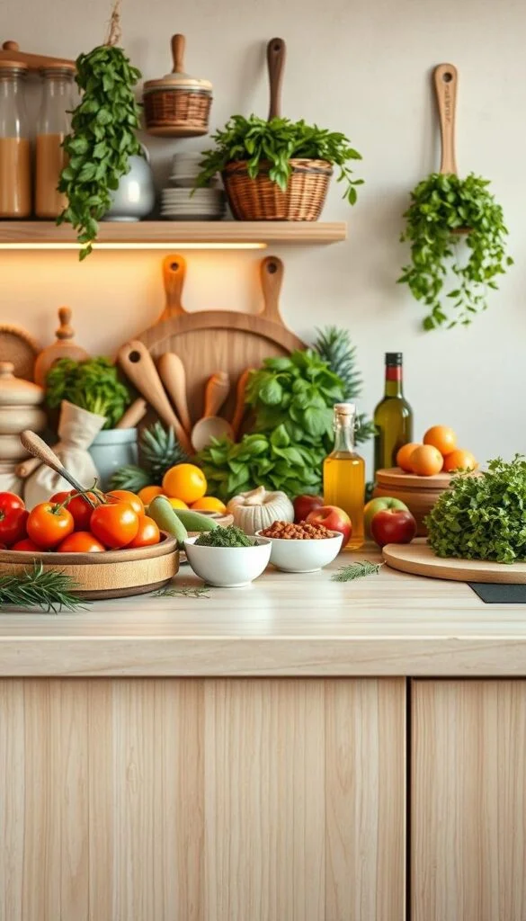 a mediterranean kitchen counter with fresh ingredients and kitchen utensils arranged in a visually appealing way, conveying the healthy and vibrant nature of the mediterranean diet. the counter is made of light-colored wood or stone, with a neutral background that allows the food items to take center stage. the lighting is soft and natural, casting a warm glow over the scene. the arrangement includes a variety of fruits, vegetables, herbs, olive oil, and other staples of the mediterranean cuisine, carefully placed to create a balanced and visually striking composition. the overall mood is one of simplicity, freshness, and the joy of healthy, flavorful eating. a mediterranean kitchen counter with fresh ingredients and kitchen utensils arranged in a visually appealing way, conveying the healthy and vibrant nature of the mediterranean diet. the counter is made of light-colored wood or stone, with a neutral background that allows the food items to take center stage. the lighting is soft and natural, casting a warm glow over the scene. the arrangement includes a variety of fruits, vegetables, herbs, olive oil, and other staples of the mediterranean cuisine, carefully placed to create a balanced and visually striking composition. the overall mood is one of simplicity, freshness, and the joy of healthy, flavorful eating.